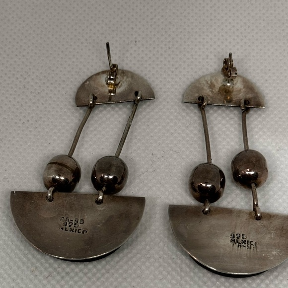 Vintage Taxco earrings sterling silver dangle pendulum onyx modernist - Picture 9 of 13